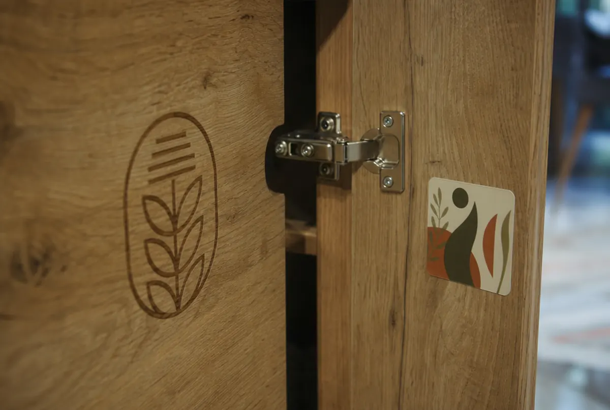 Grawer logo na drewnie i naklejka gwarancyjna w szafce na wymiar
