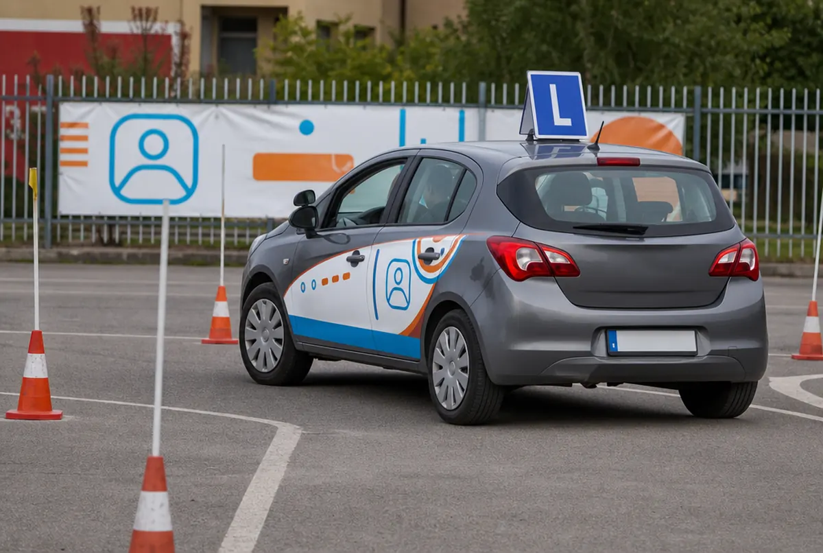 Oklejone auto szkoły jazdy na placu manewrowym z banerem na ogrodzeniu
