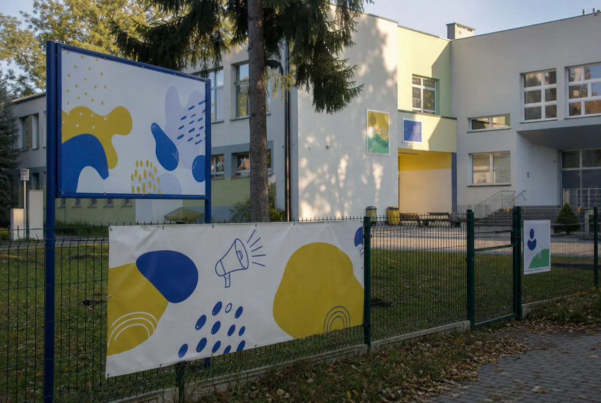 Baner rekrutacyjny na ogrodzeniu szkoły i tablica z nazwą przy furtce