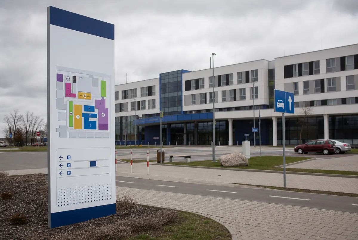 Totem z planem szpitala i kierunkowskazy parkingowe przy bramie