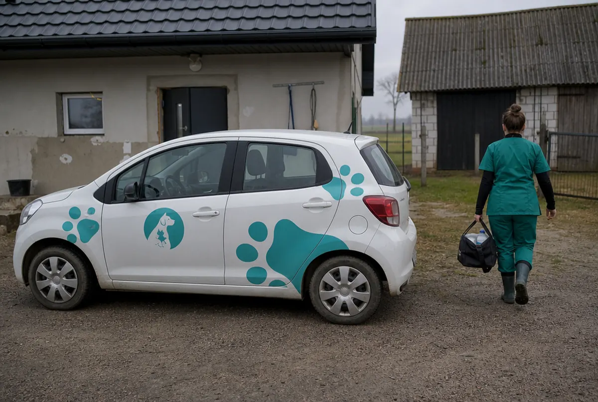 Oklejone auto weterynarza na wizytach domowych przy gospodarstwie