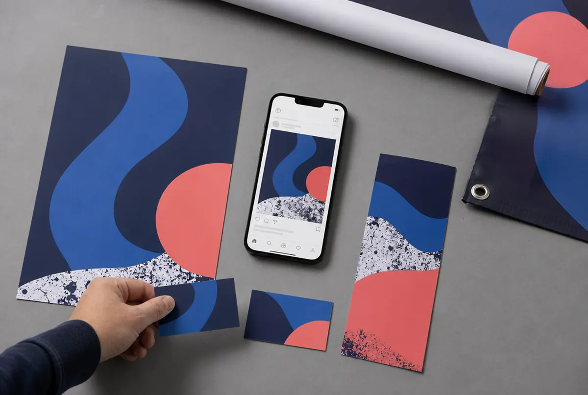 Plakat, telefon z kampanią, wizytówka i próbka banera