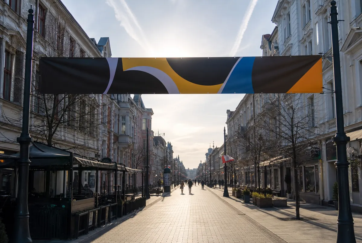 Dwustronny baner zawieszony nad deptakiem między słupami