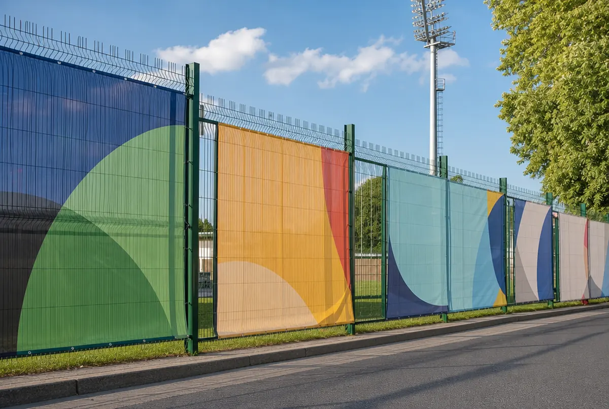 Banery z siatki na ogrodzeniu stadionu od strony ulicy