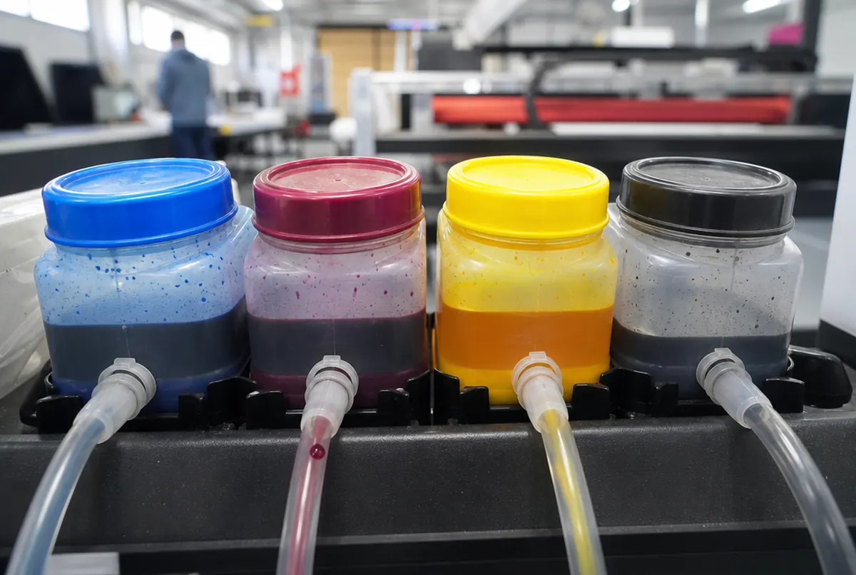 Pojemniki z tuszami CMYK w drukarce z bliska