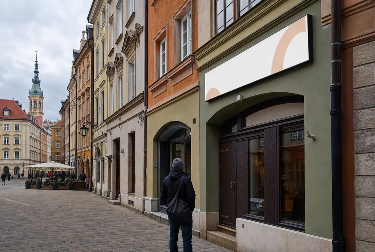 Klient przed kamienicą na rynku ogląda miejsce na szyld nad lokalem