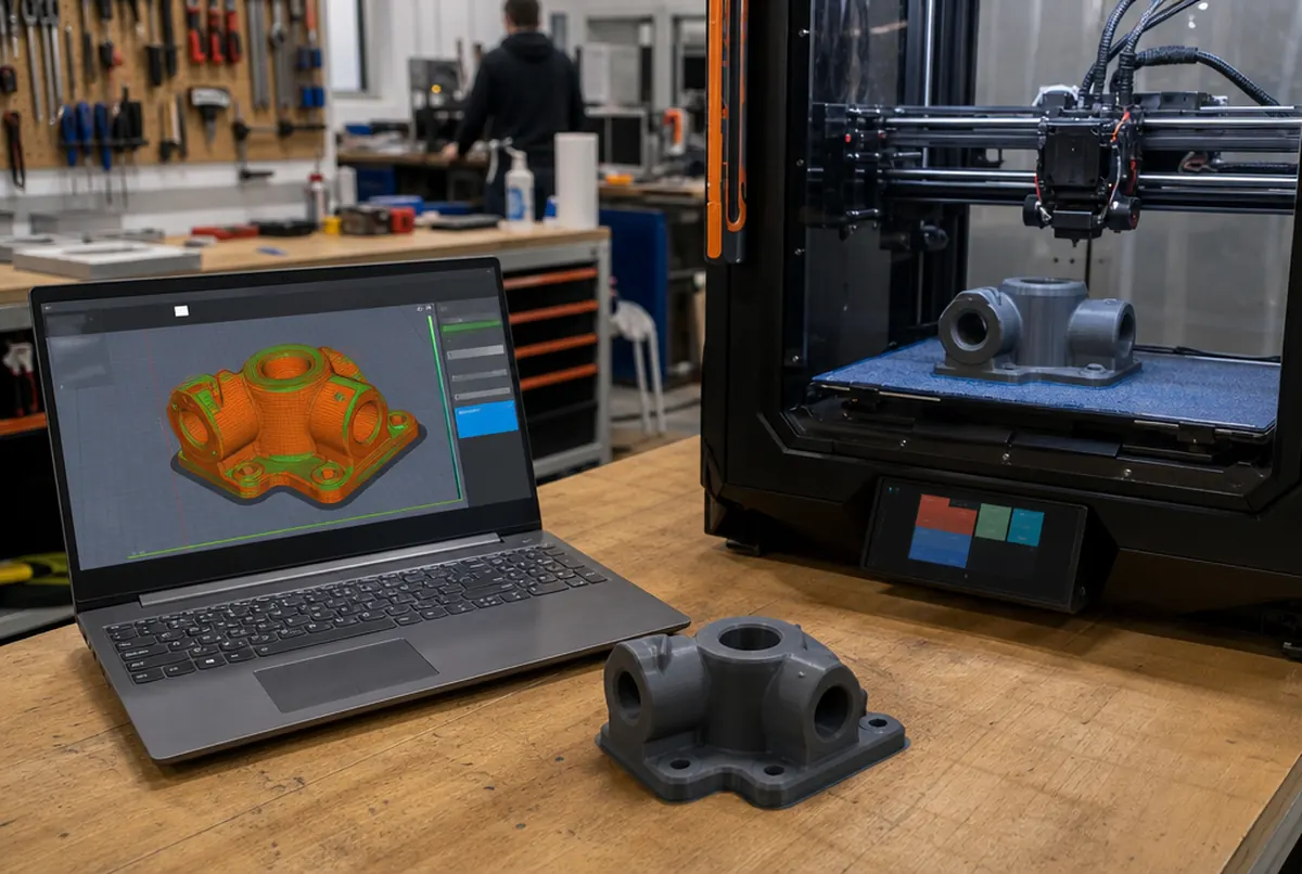 Model 3D w slicerze na laptopie obok pracującej drukarki