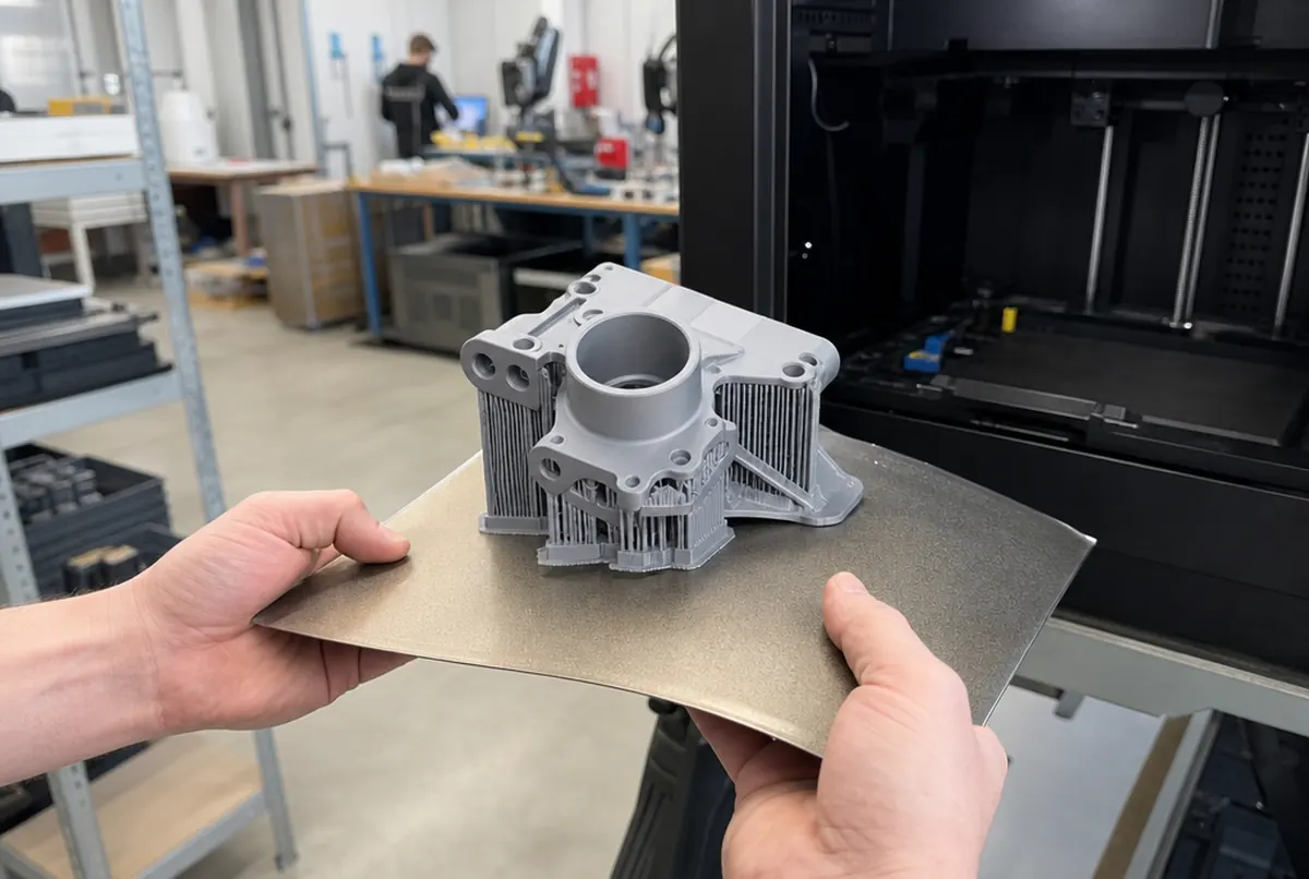 Dłonie zdejmują świeży wydruk 3D z elastycznego stołu