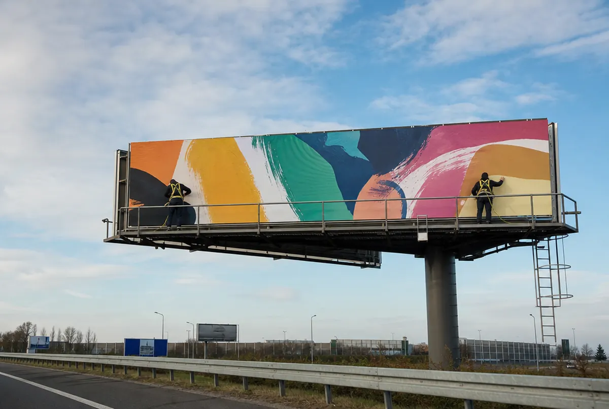Billboard przy obwodnicy z nowo naklejonym plakatem