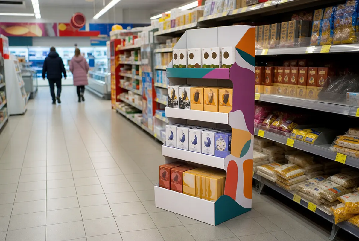 Kartonowy ekspozytor z produktami na końcu alejki w sklepie