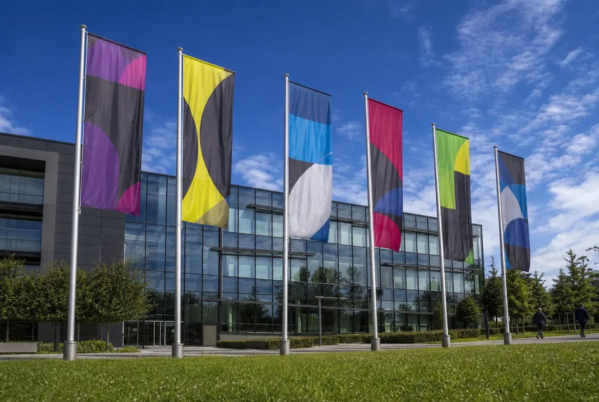 Rząd flag reklamowych na masztach przed biurowcem