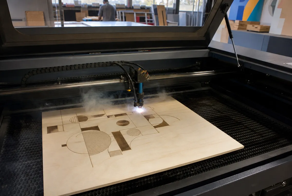Laser CO2 graweruje wzór na drewnianej desce