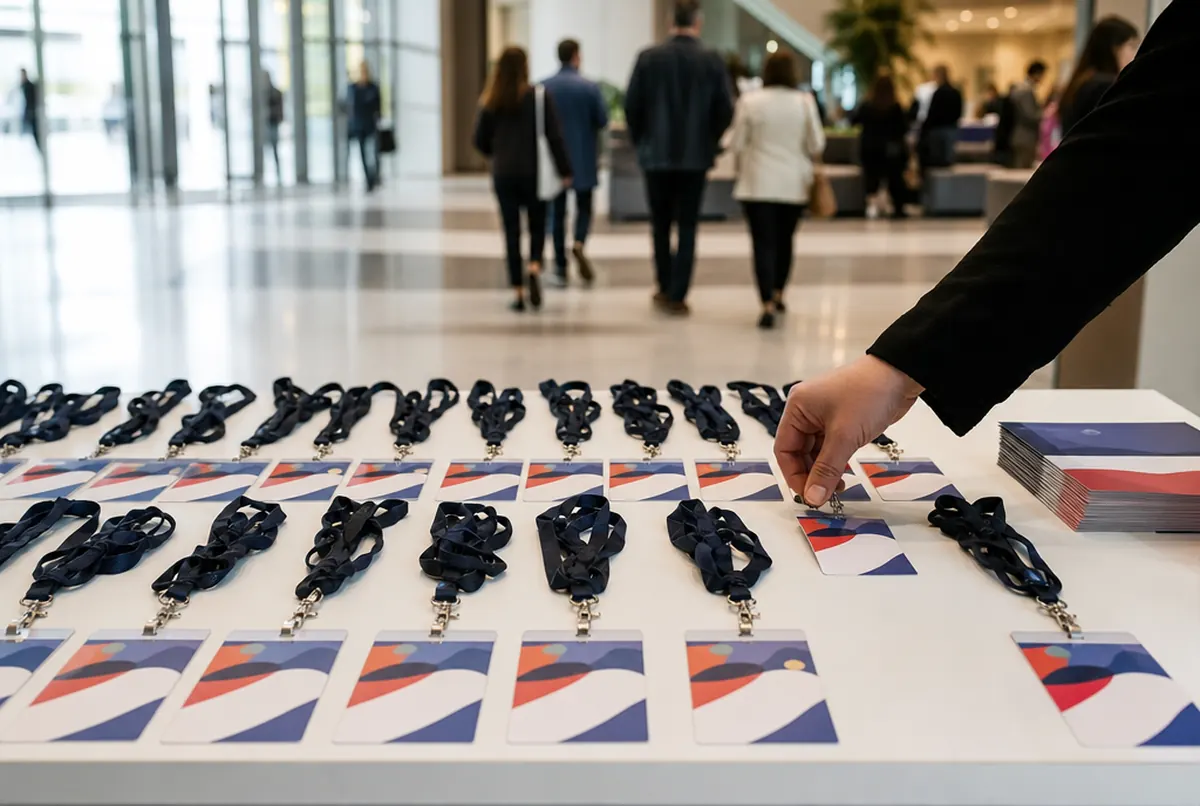Identyfikatory i smycze na stole rejestracji konferencji