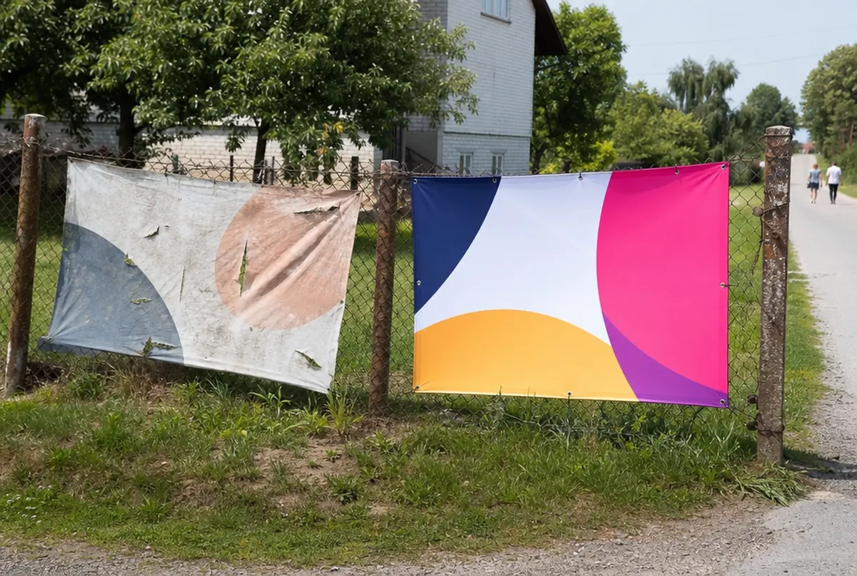 Wyblakły podarty baner obok nowego na wiejskim ogrodzeniu