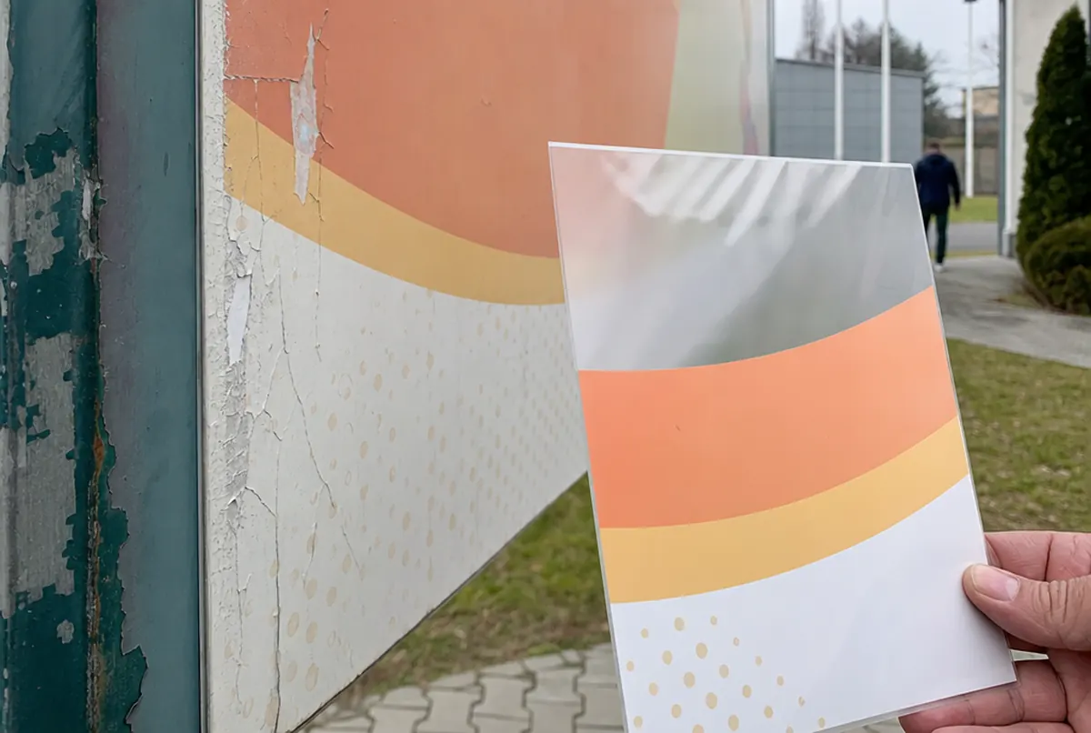 Wyblakły narożnik tablicy i próbka laminatu antygraffiti w dłoni