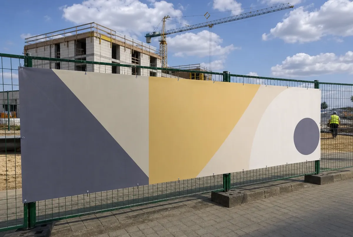 Napięty baner na ogrodzeniu budowy osiedla w wietrzny dzień