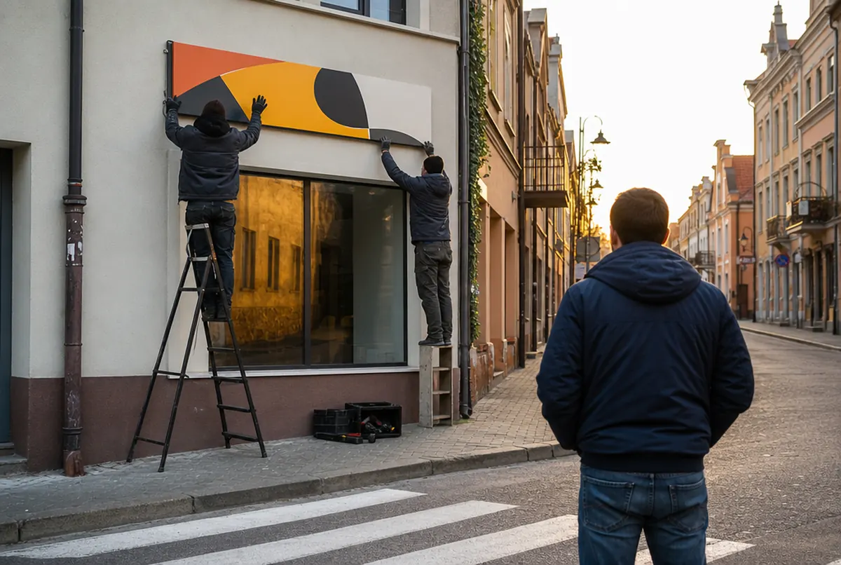 Ekipa kończy montaż szyldu, klient patrzy z chodnika