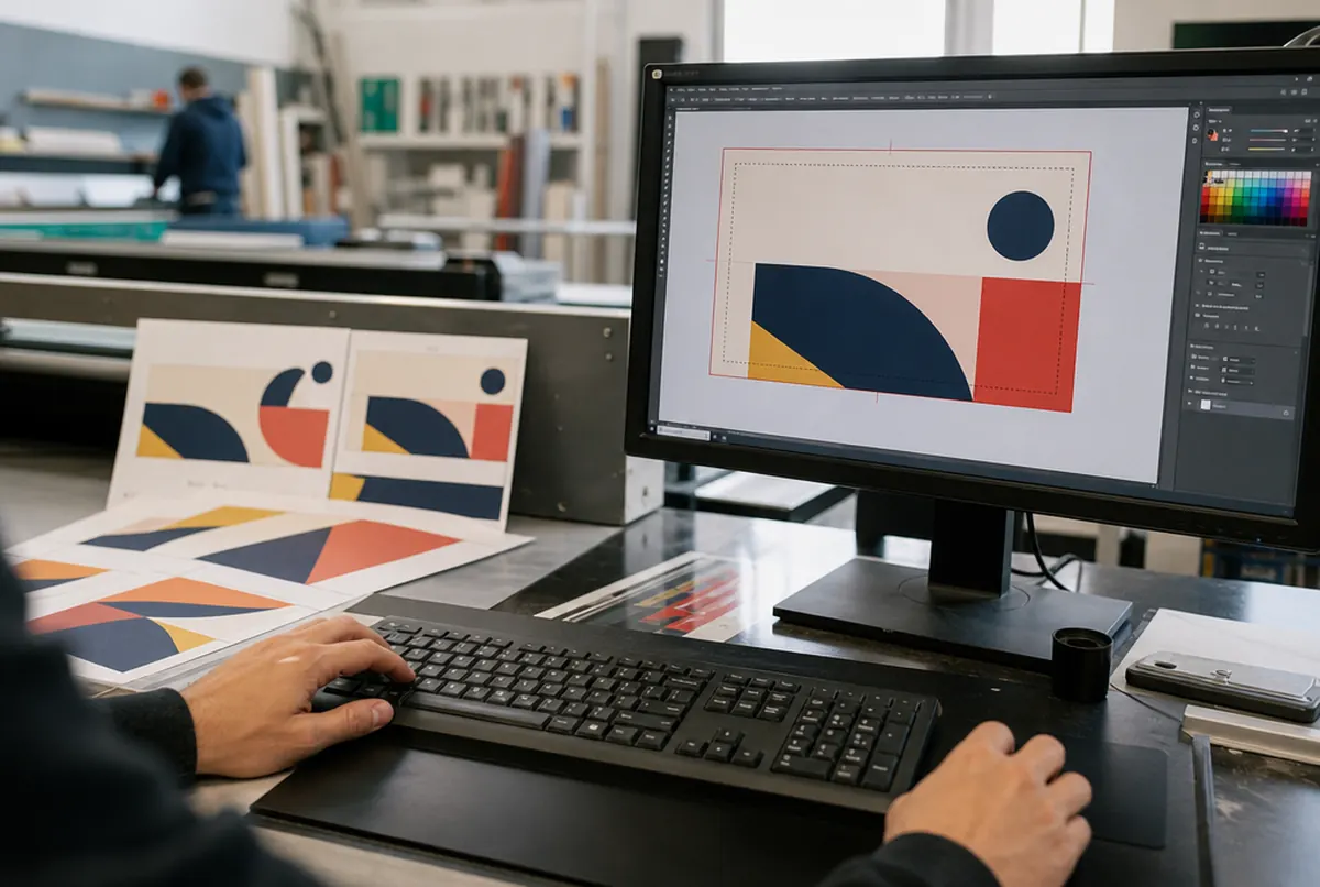 Projekt wizytówki ze spadem i marginesem na ekranie grafika