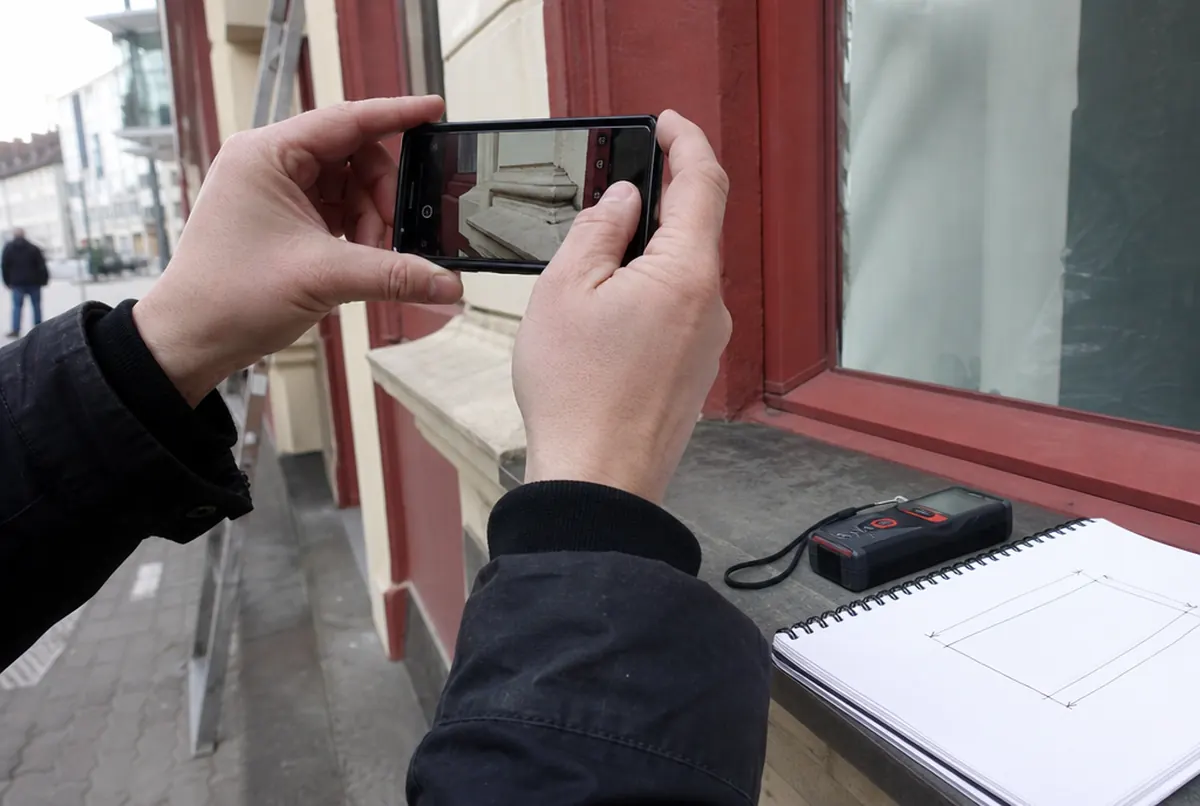 Dalmierz laserowy, telefon i szkic wymiarów przy pomiarze fasady