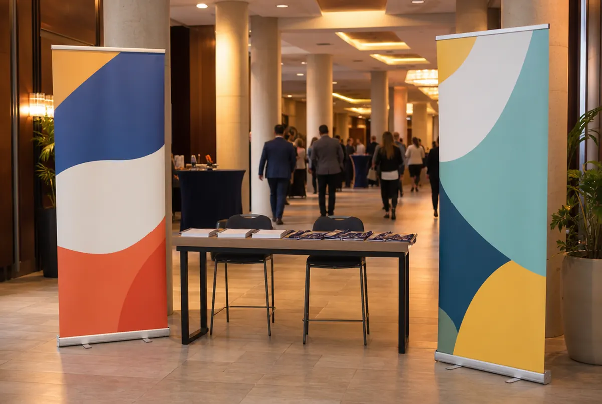 Dwa roll-upy w holu konferencyjnym hotelu