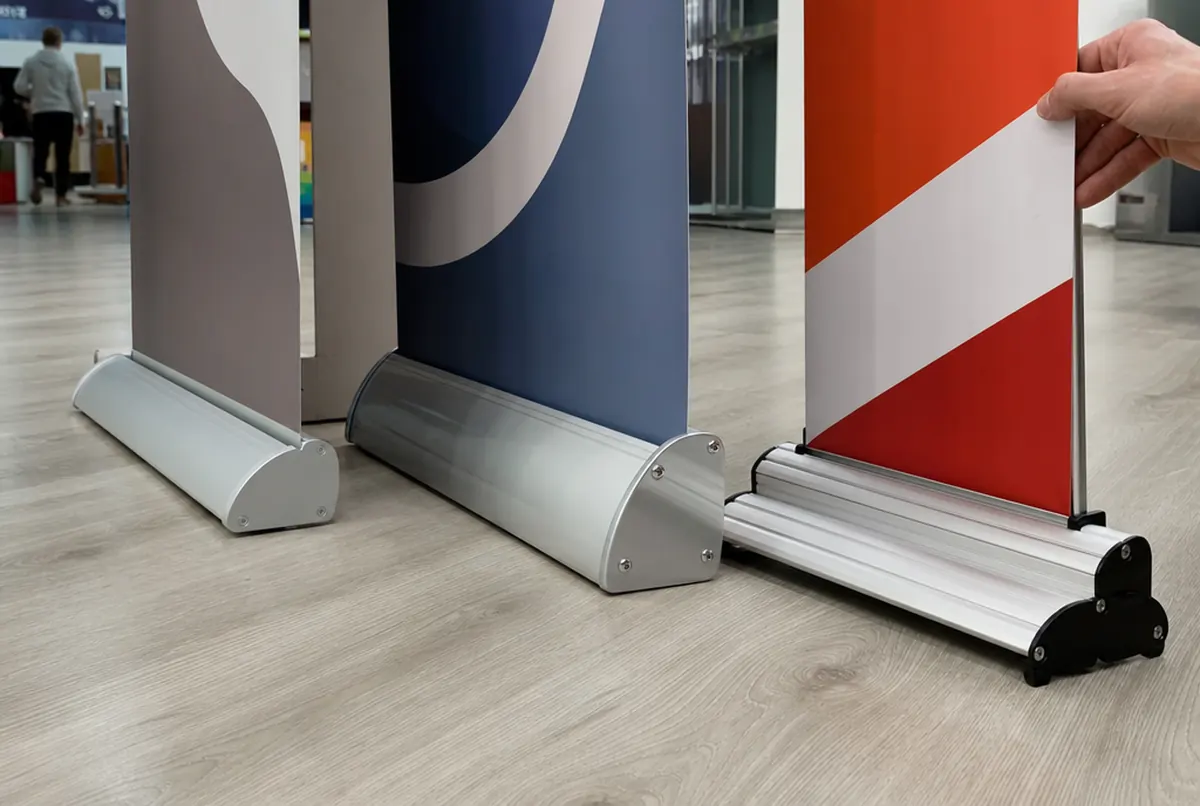 Różne kasety roll-upów na podłodze i dłoń rozwijająca grafikę