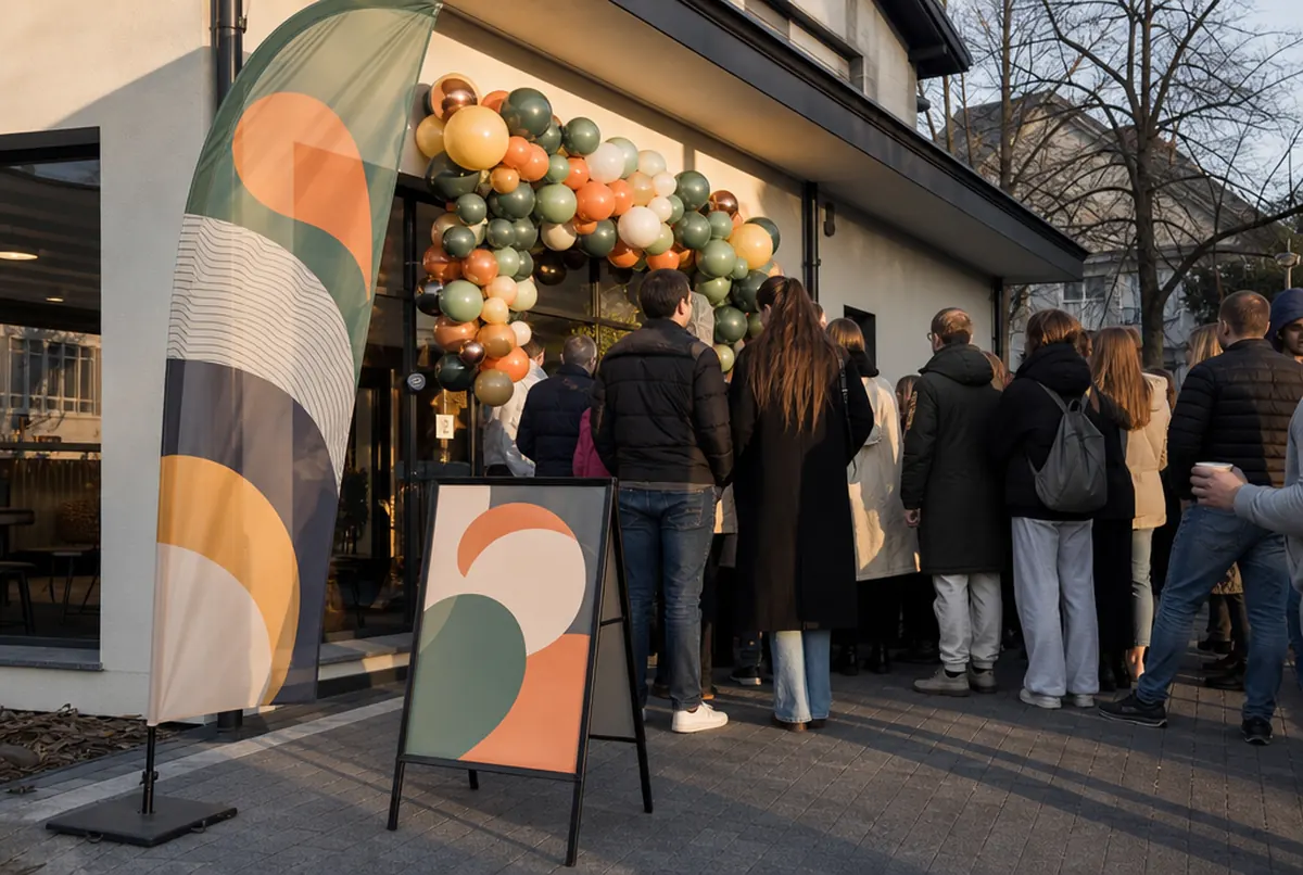 Dzień otwarcia lokalu z flagą, balonami i potykaczem