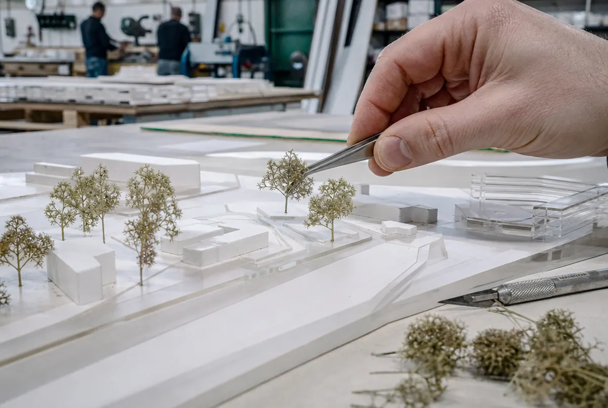 Pęseta ustawia miniaturowe drzewko na makiecie