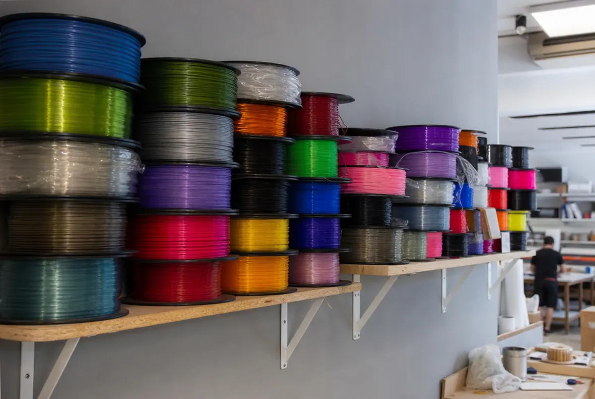 Szpule filamentów do druku 3D w różnych kolorach na półce