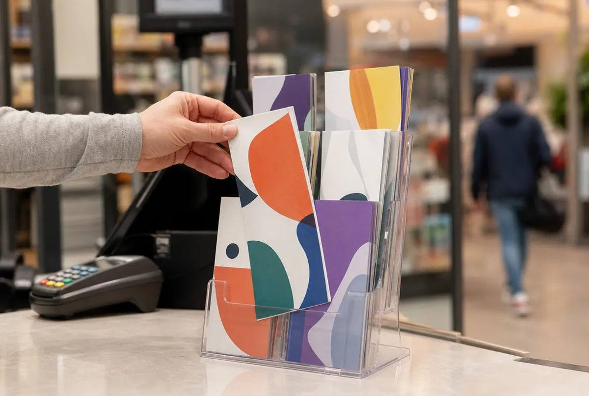 Akrylowy display z ulotkami przy kasie i dłoń klienta