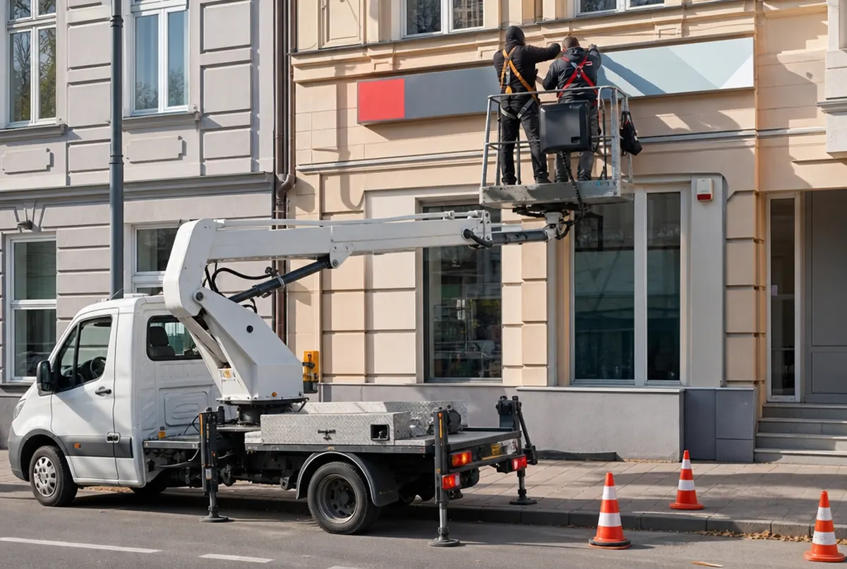 Monterzy na podnośniku koszowym montują kaseton na piętrze