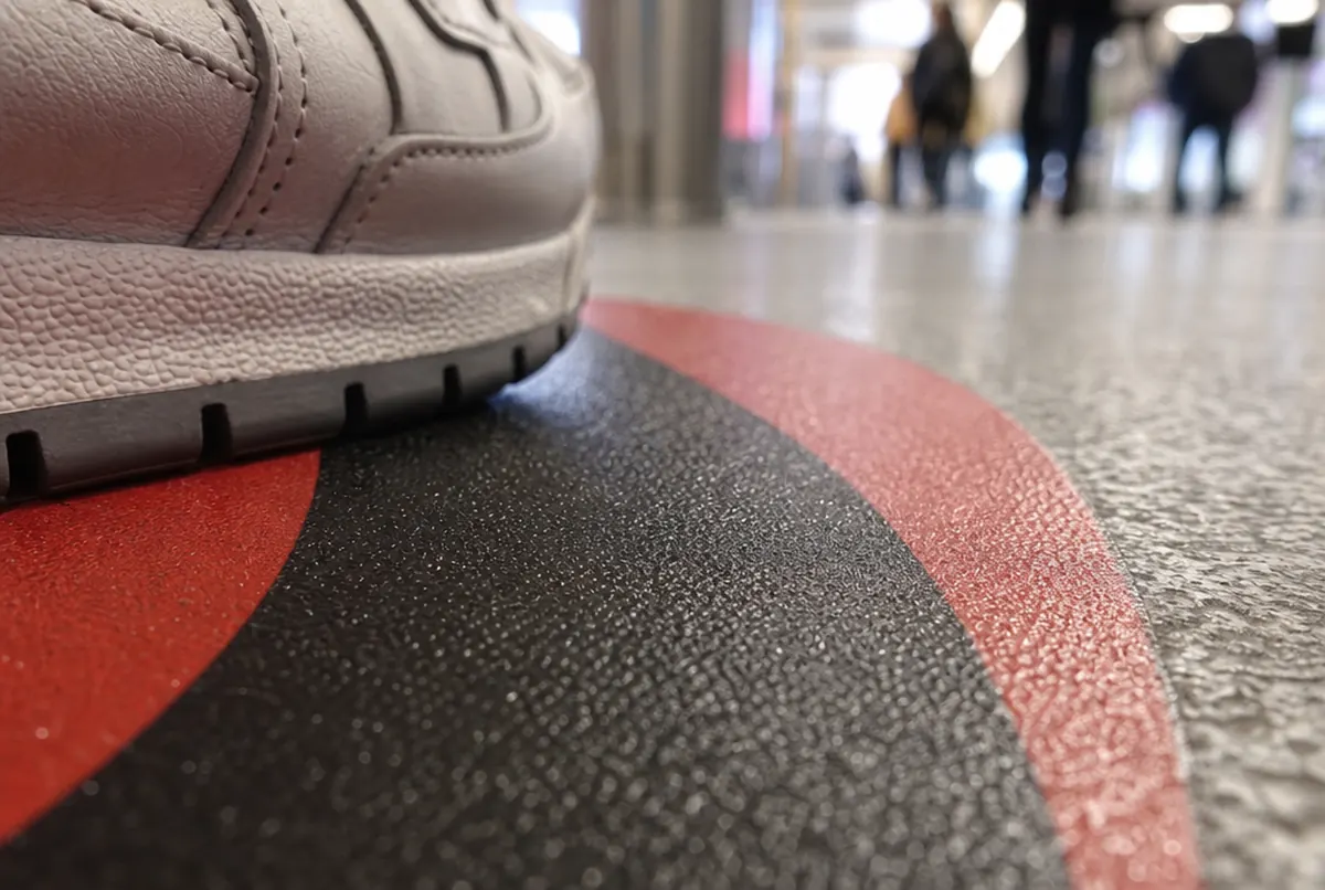 Faktura antypoślizgowego laminatu naklejki podłogowej pod butem