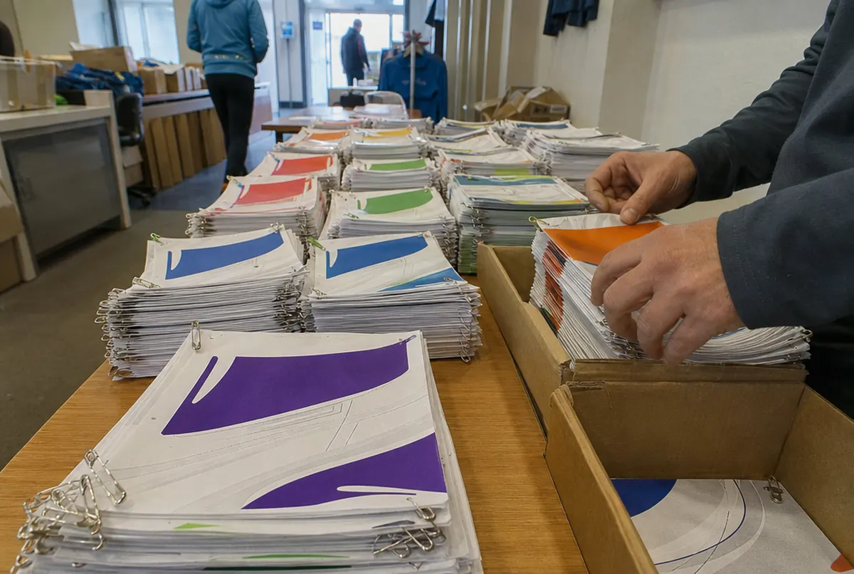 Stosy numerów startowych z agrafkami na stole biura zawodów