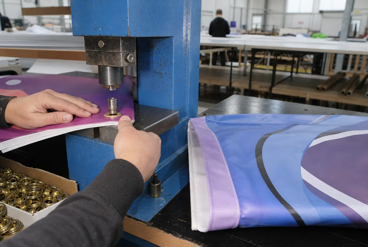 Prasa wbija metalowe oczko w zgrzany brzeg banera