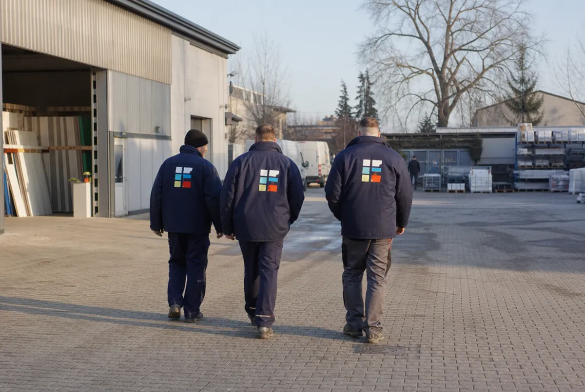 Pracownicy tyłem w jednolitej odzieży z haftem na plecach