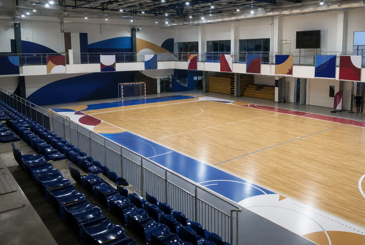Hala sportowa z oprawą graficzną ścian i trybun