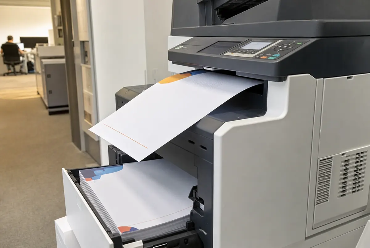 Biurowa drukarka drukuje na papierze firmowym z nadrukiem