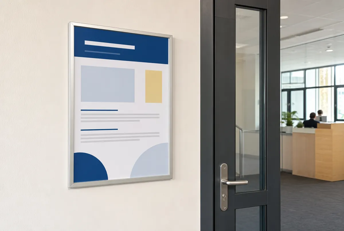 Plakat A3 w ramce obok drzwi wejściowych do biura firmy