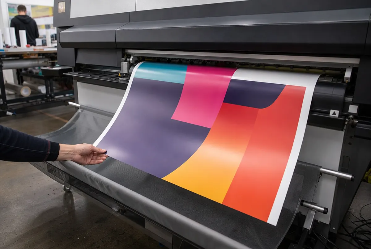 Plakat wysuwa się z drukarki wielkoformatowej na papier satynowy