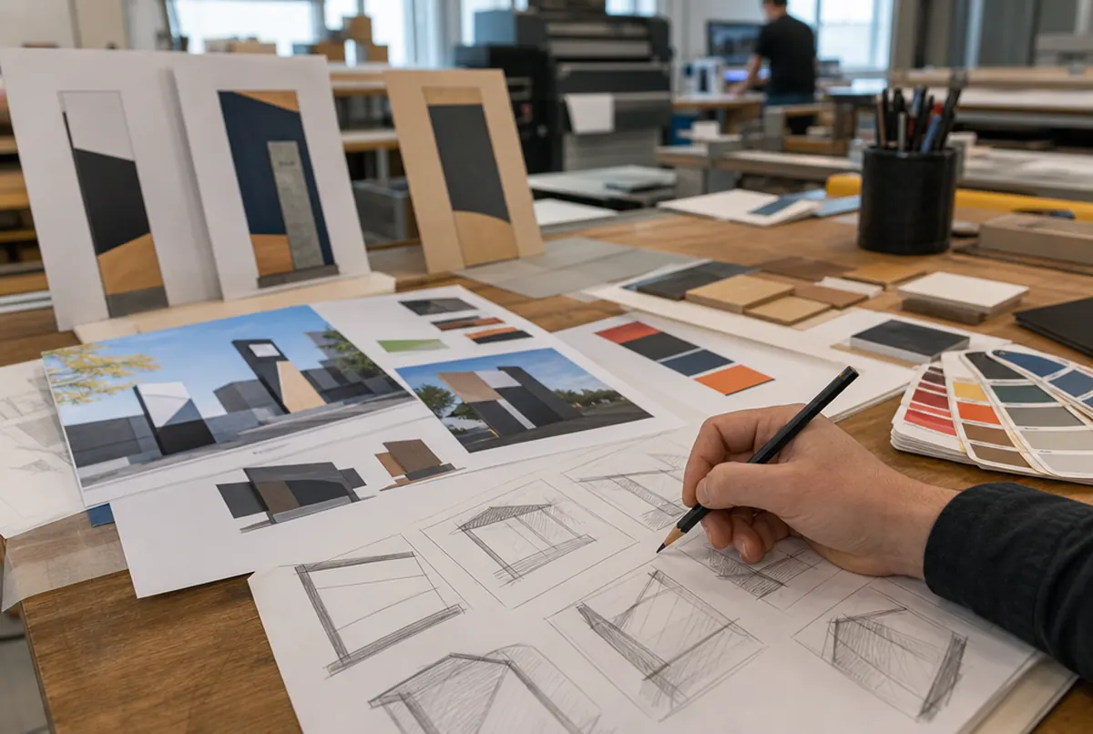 Szkice projektu szyldu i próbki kolorów na biurku grafika