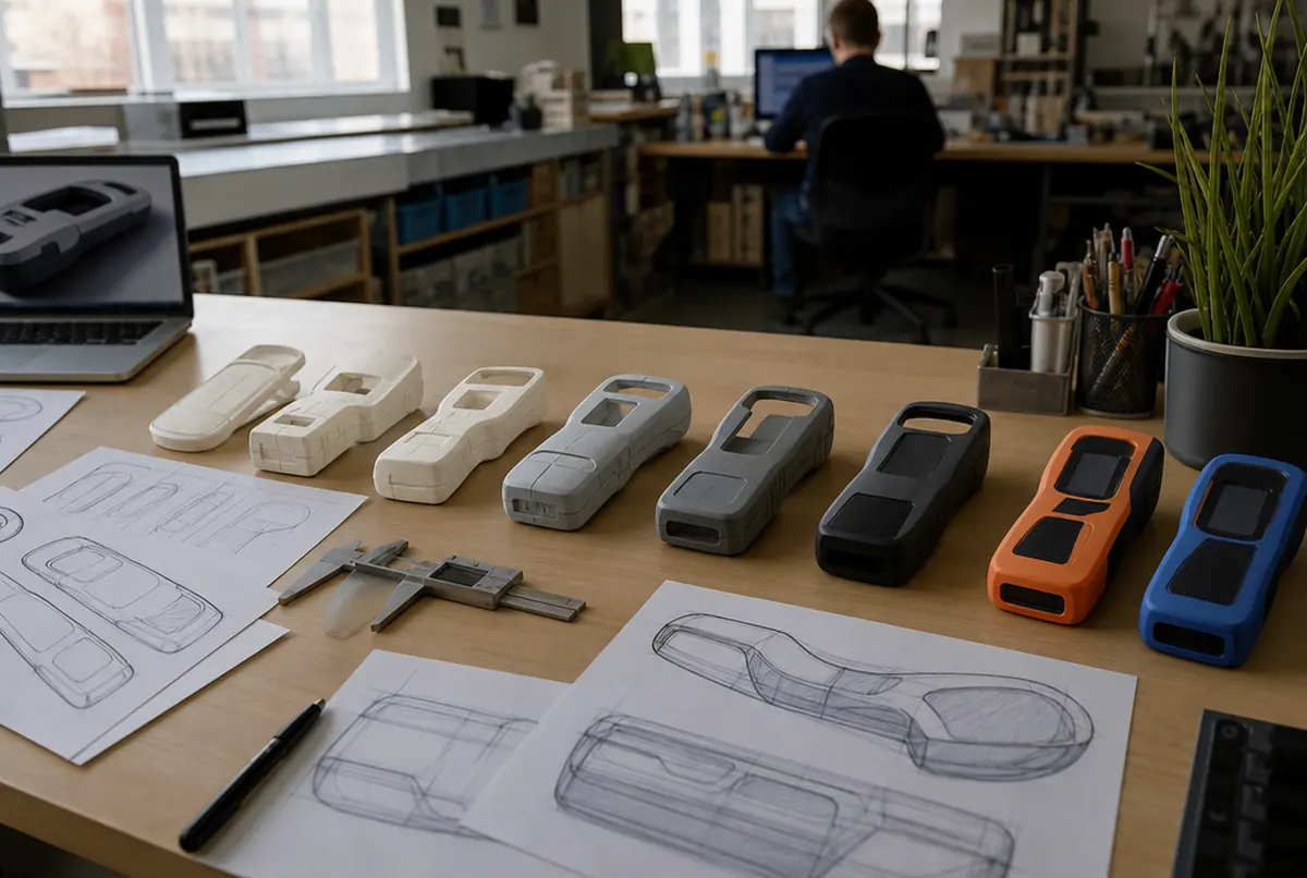 Kolejne wersje prototypu obudowy z drukarki 3D na biurku