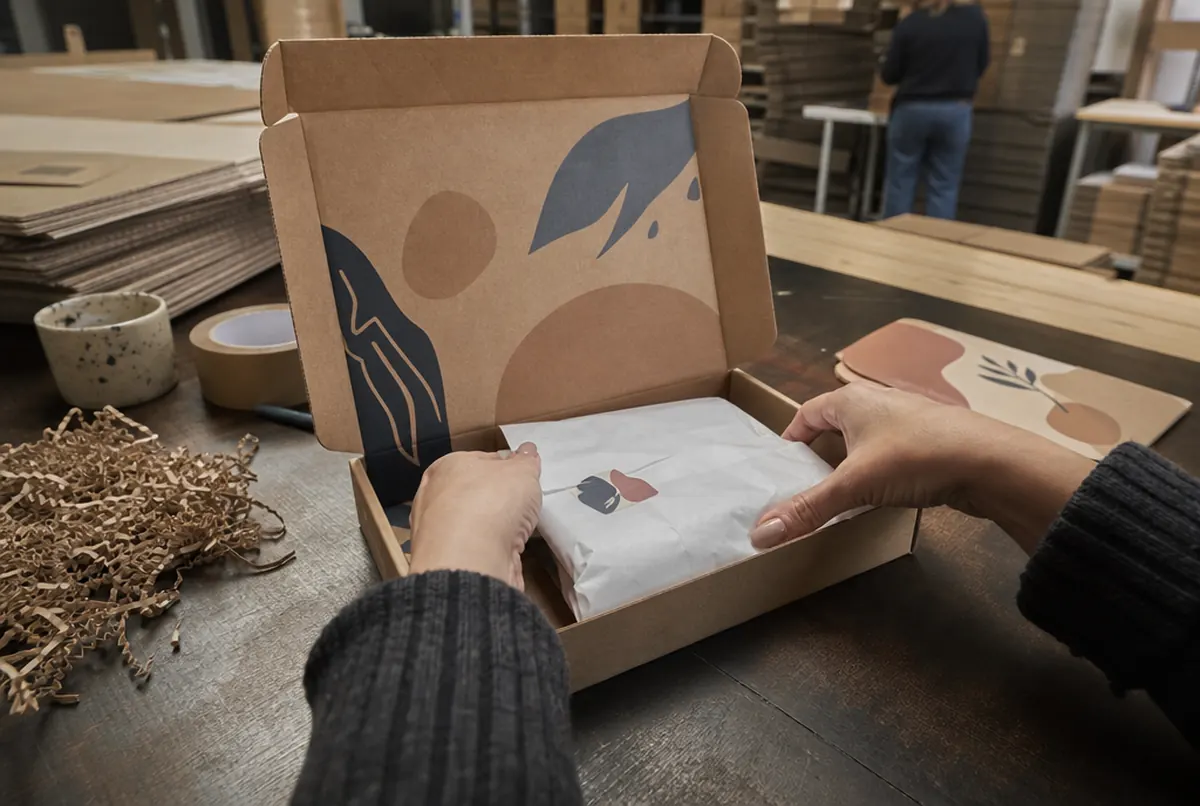 Ręce pakują produkt do drukowanego pudełka wysyłkowego