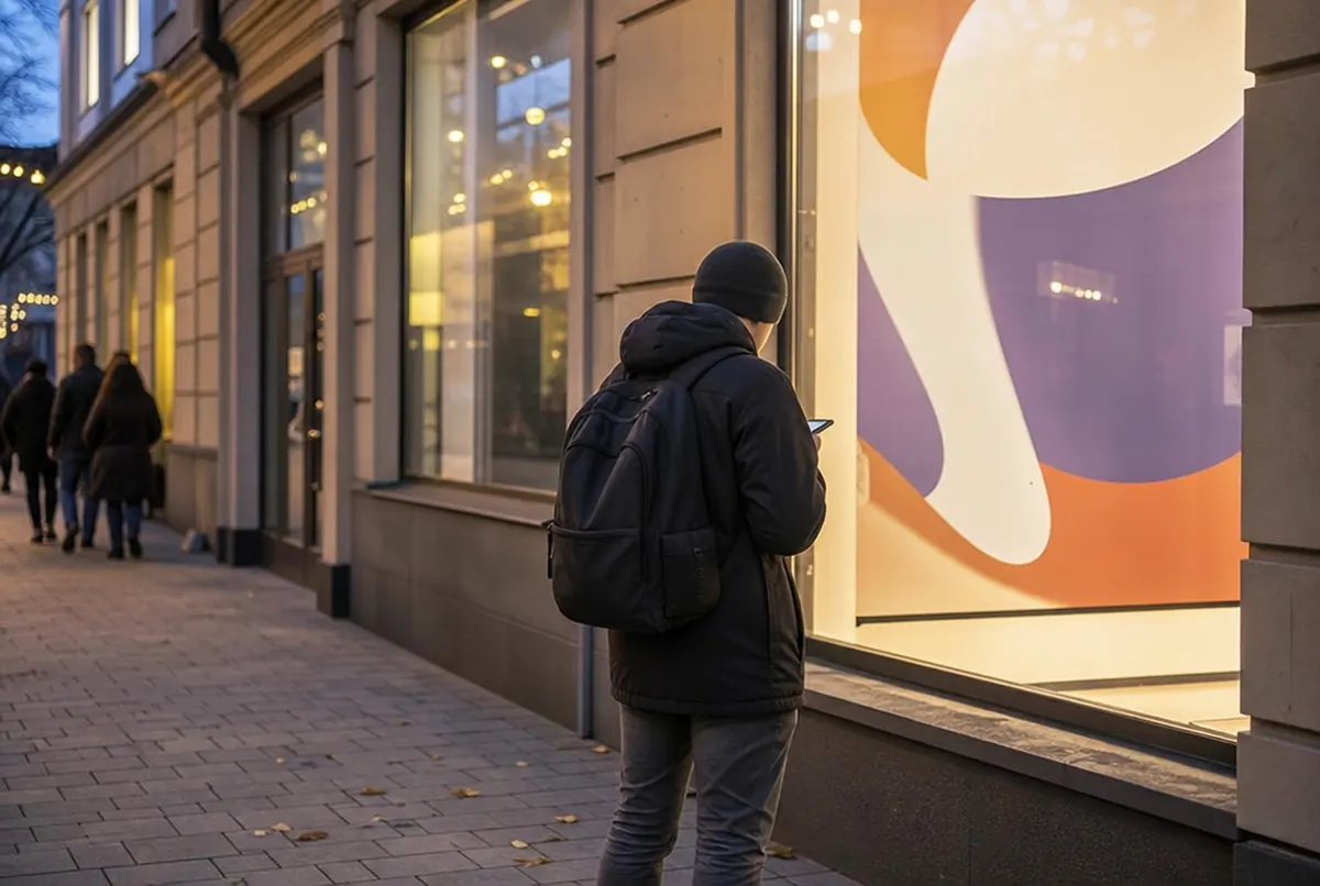 Przechodzień z telefonem przed witryną z plakatem