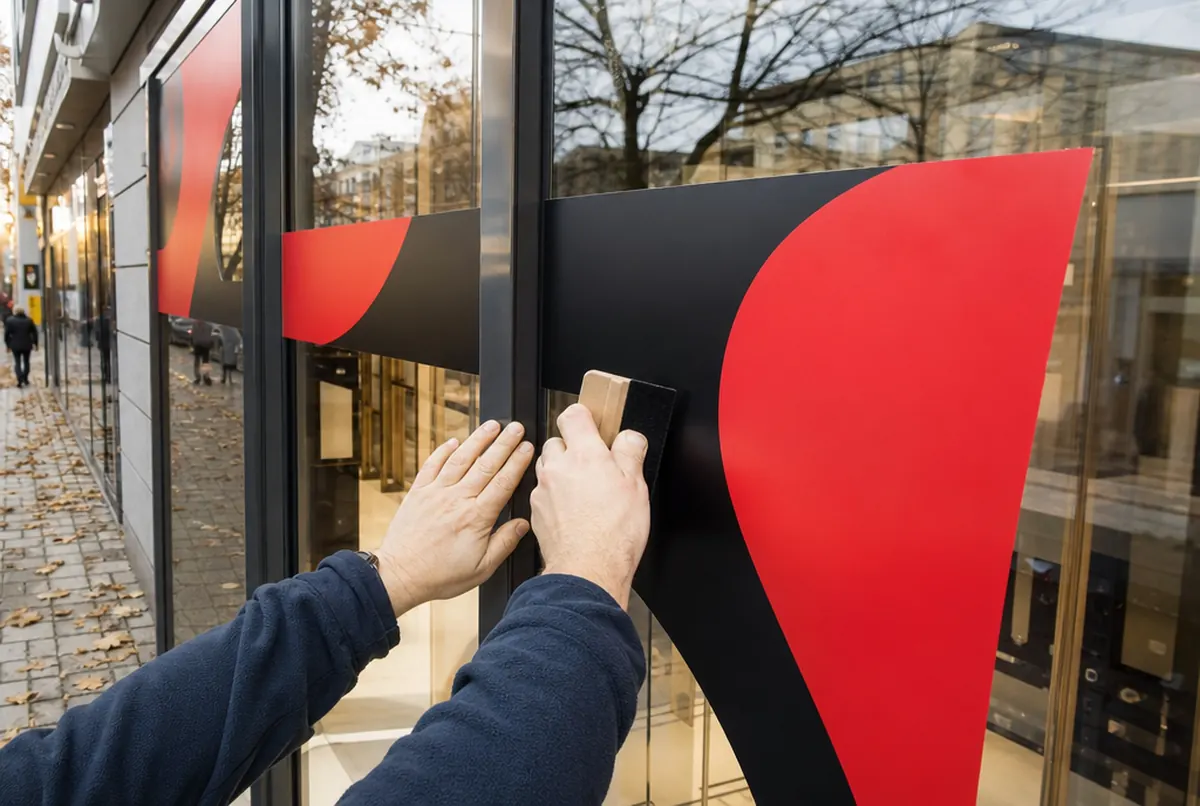 Ręce naklejają duże naklejki wyprzedażowe na witrynę