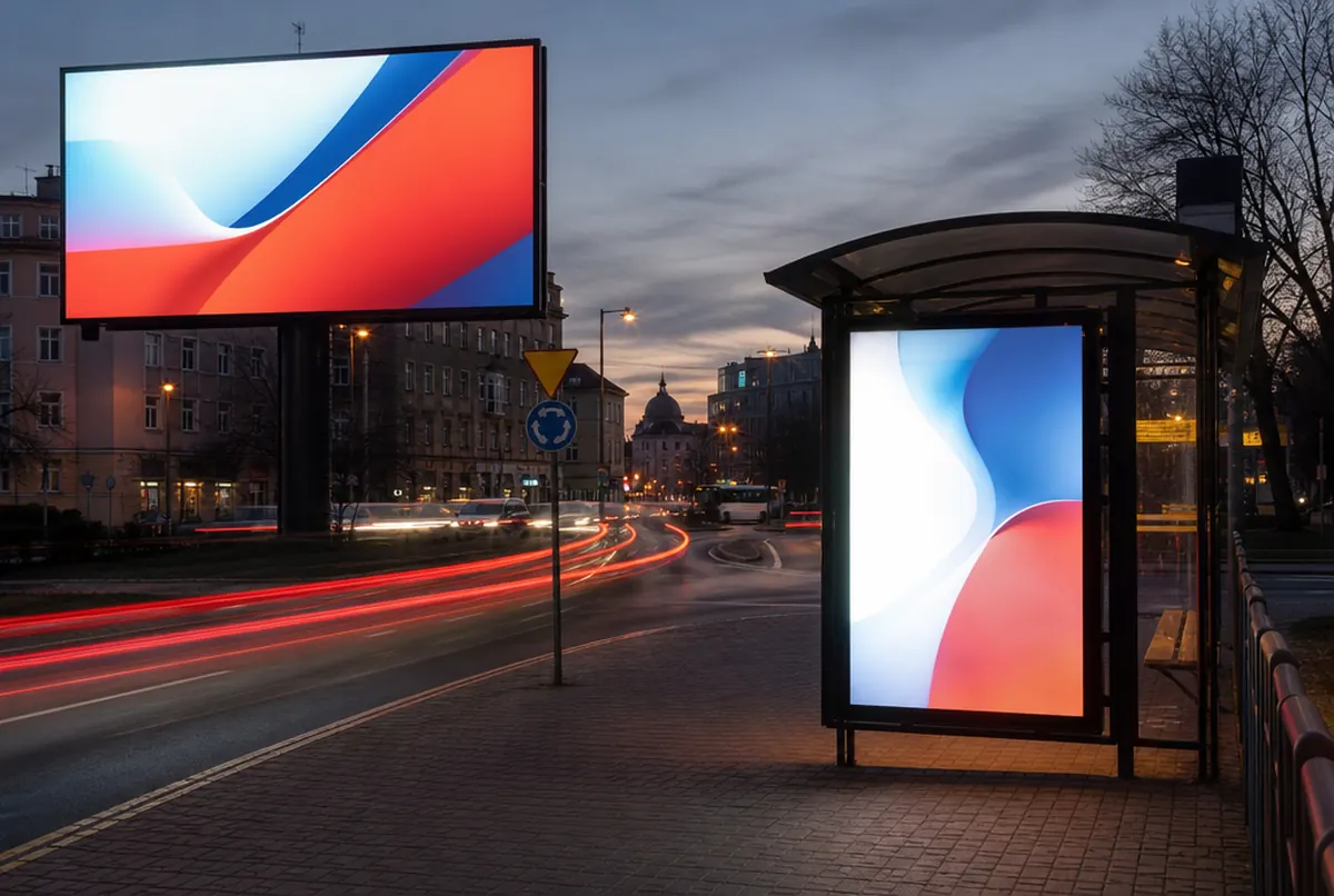 Billboard i citylight przy rondzie wieczorem w ruchu