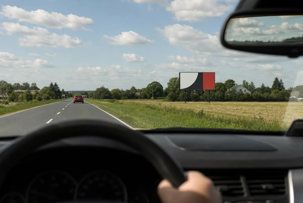 Widok z samochodu na billboard przy drodze