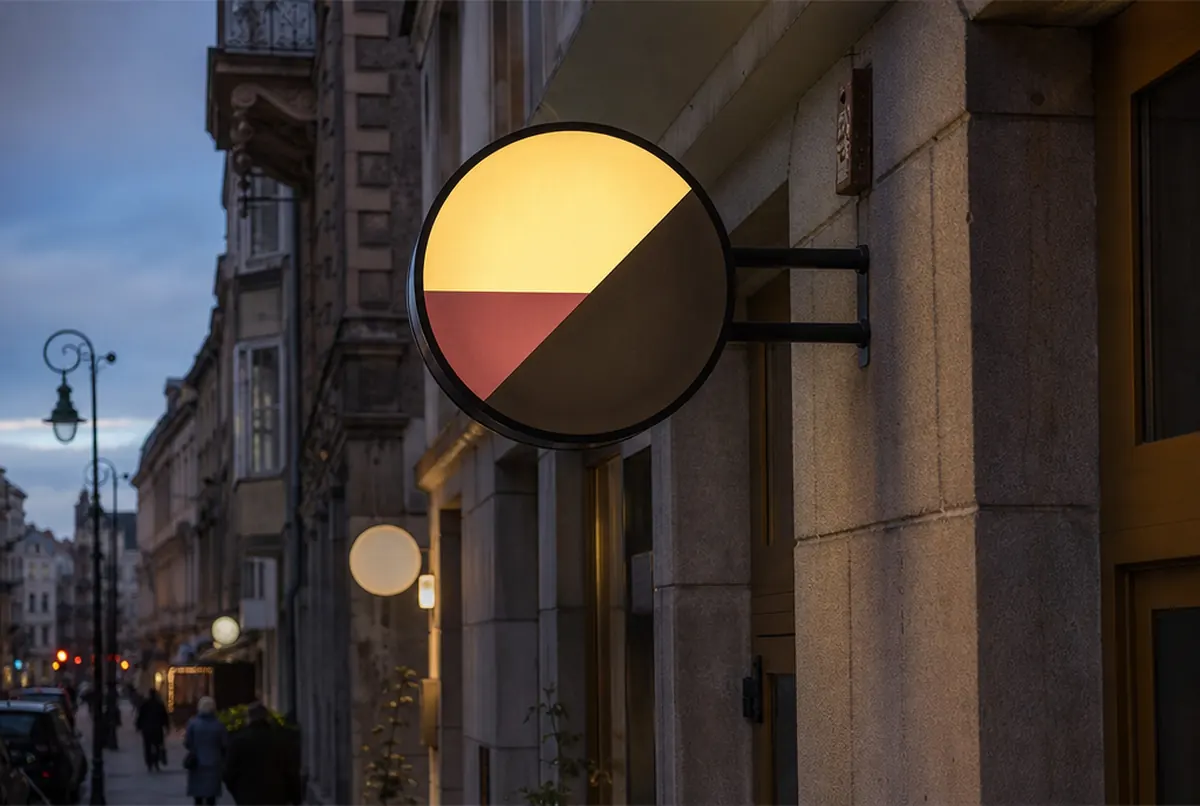 Podświetlany semafor reklamowy wysunięty prostopadle od ściany wąskiej ulicy
