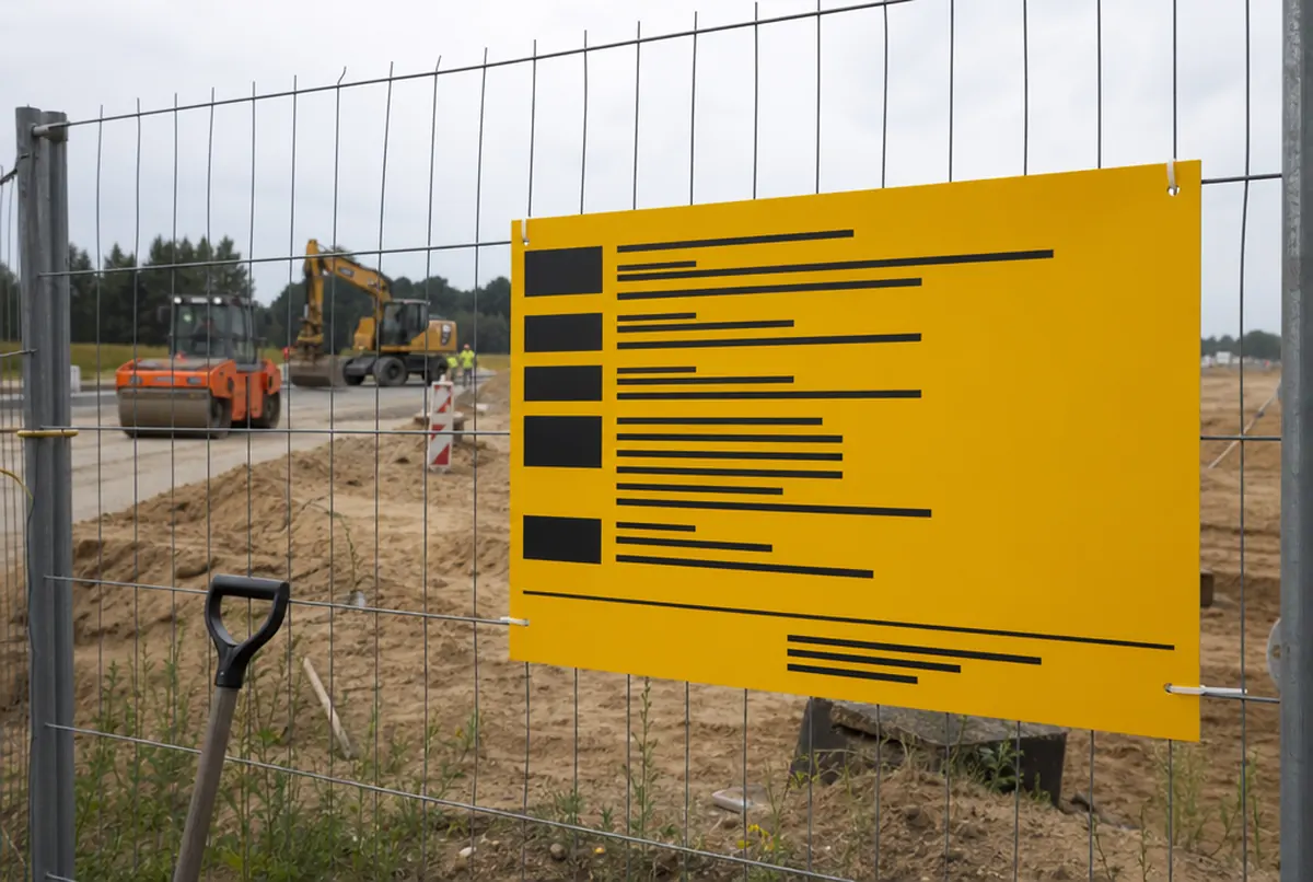 Tablica informacyjna budowy na ogrodzeniu placu budowy