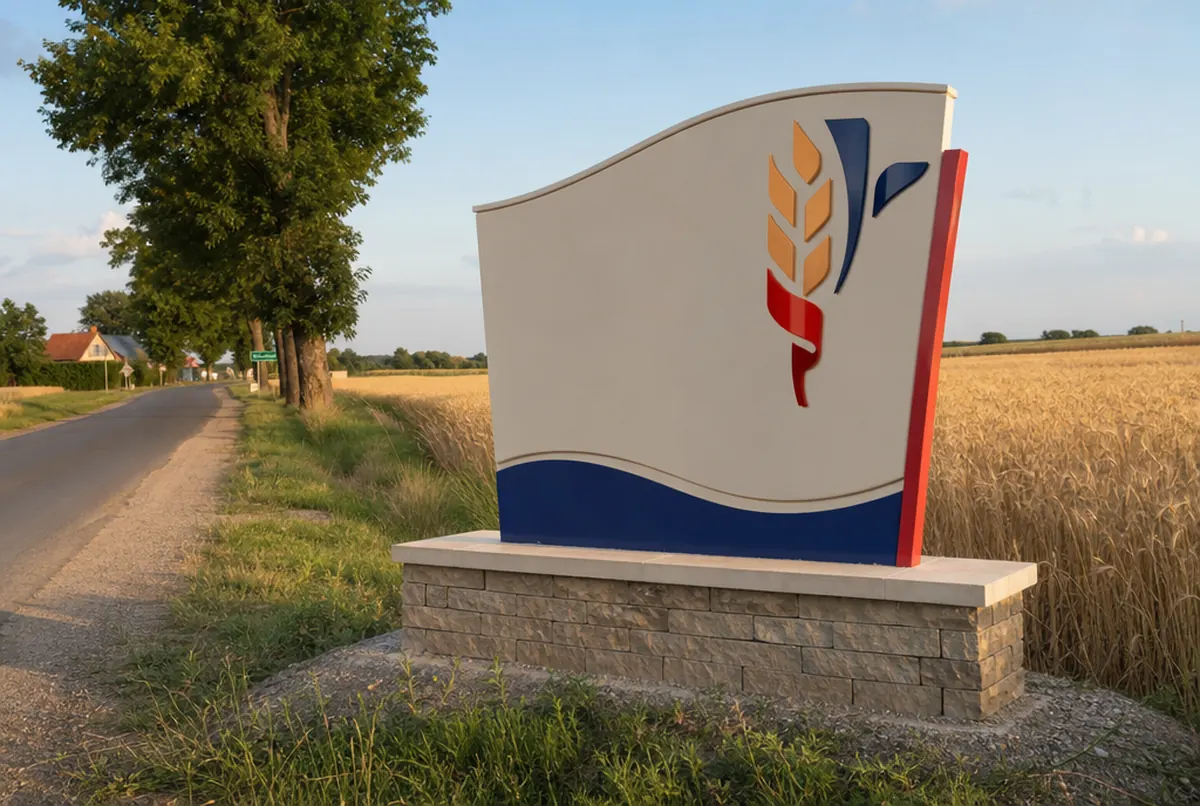 Witacz przy wjeździe do wsi wśród pól latem