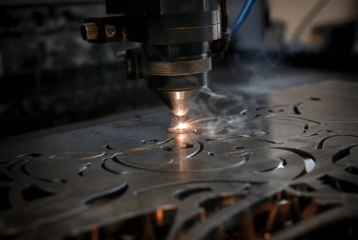 Laser graweruje metalową tablicę pamiątkową z iskrami