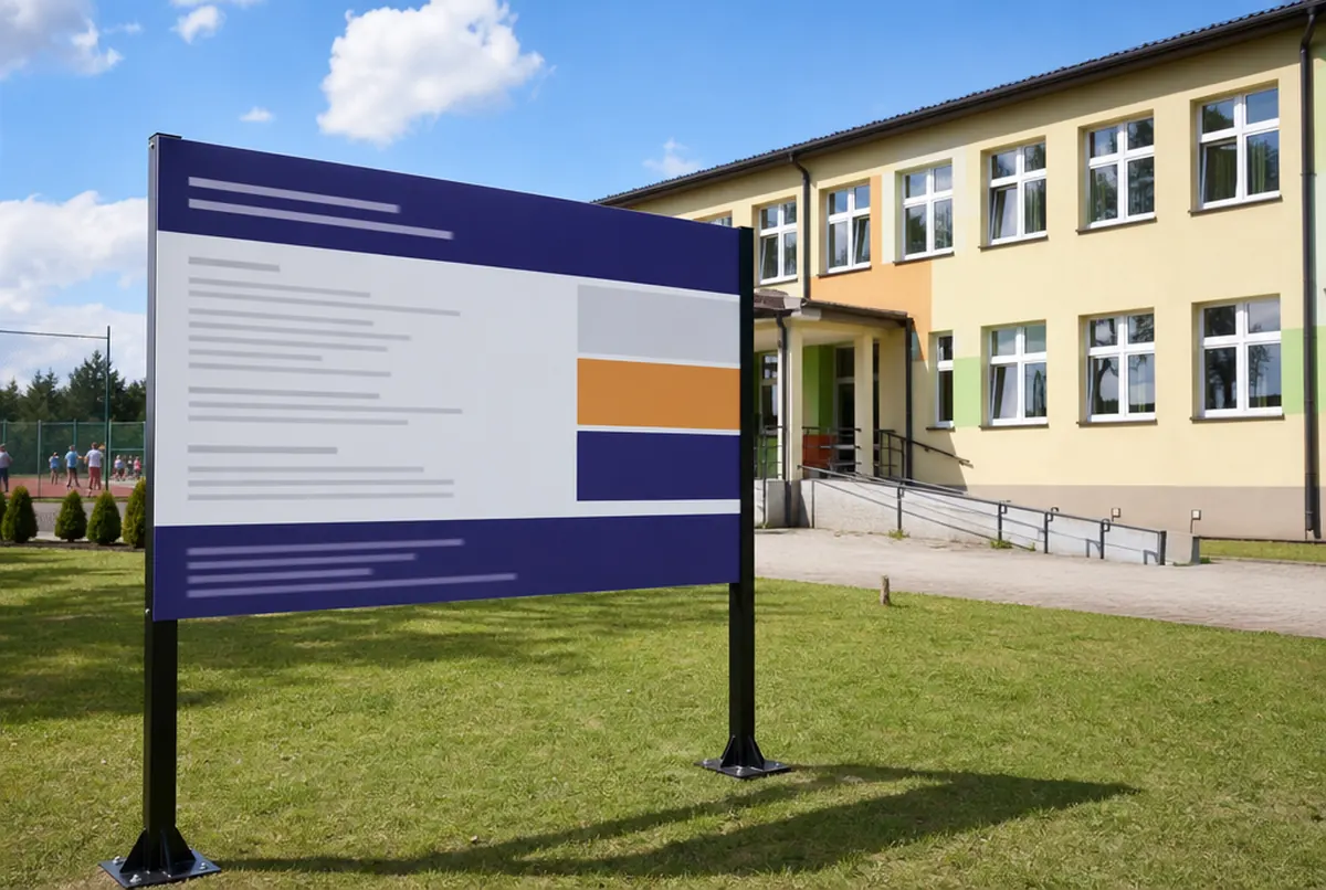 Tablica informacyjna projektu na słupkach przed odnowioną szkołą